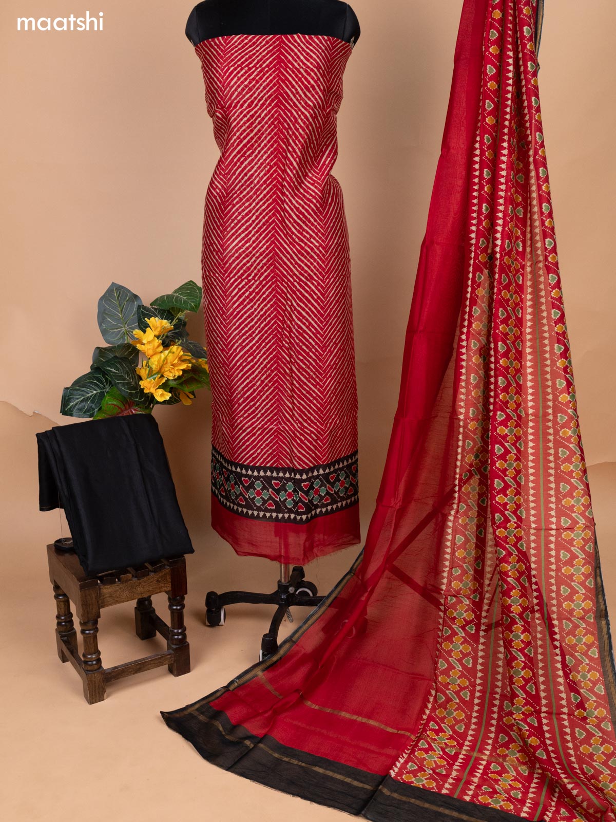 Red and Black Chanderi Dress Material With Zig & Zag Weaves
