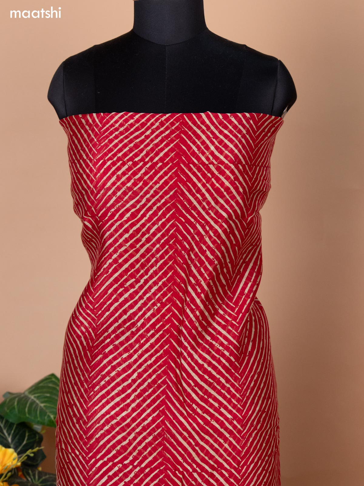 Red and Black Chanderi Dress Material With Zig & Zag Weaves