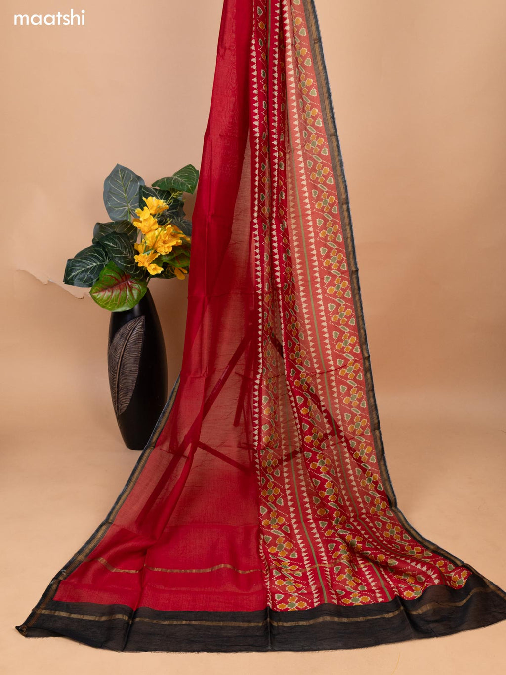 Red and Black Chanderi Dress Material With Zig & Zag Weaves