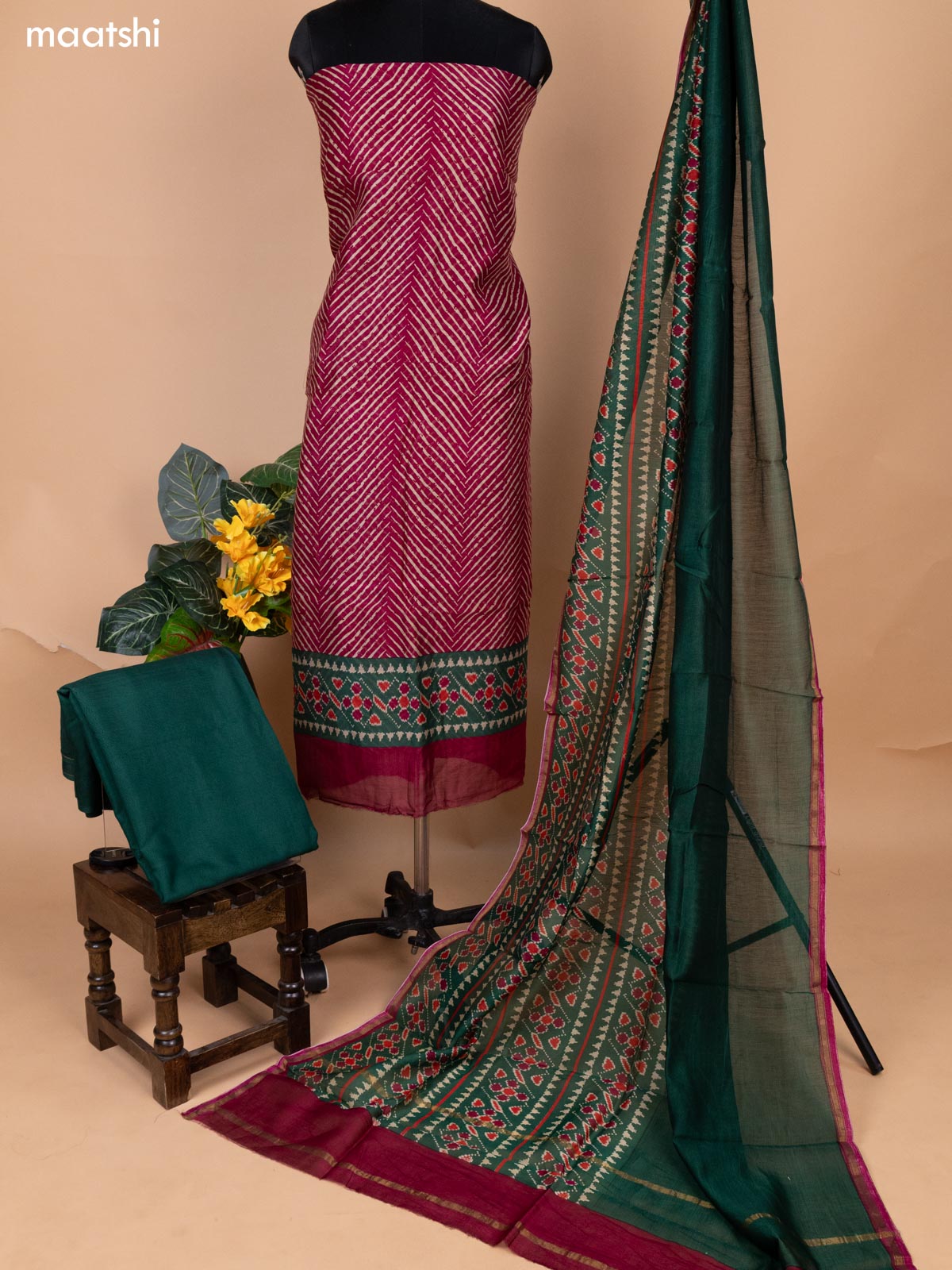 Dark Magenta and Green Chanderi Dress Material With Zig & Zag Weaves