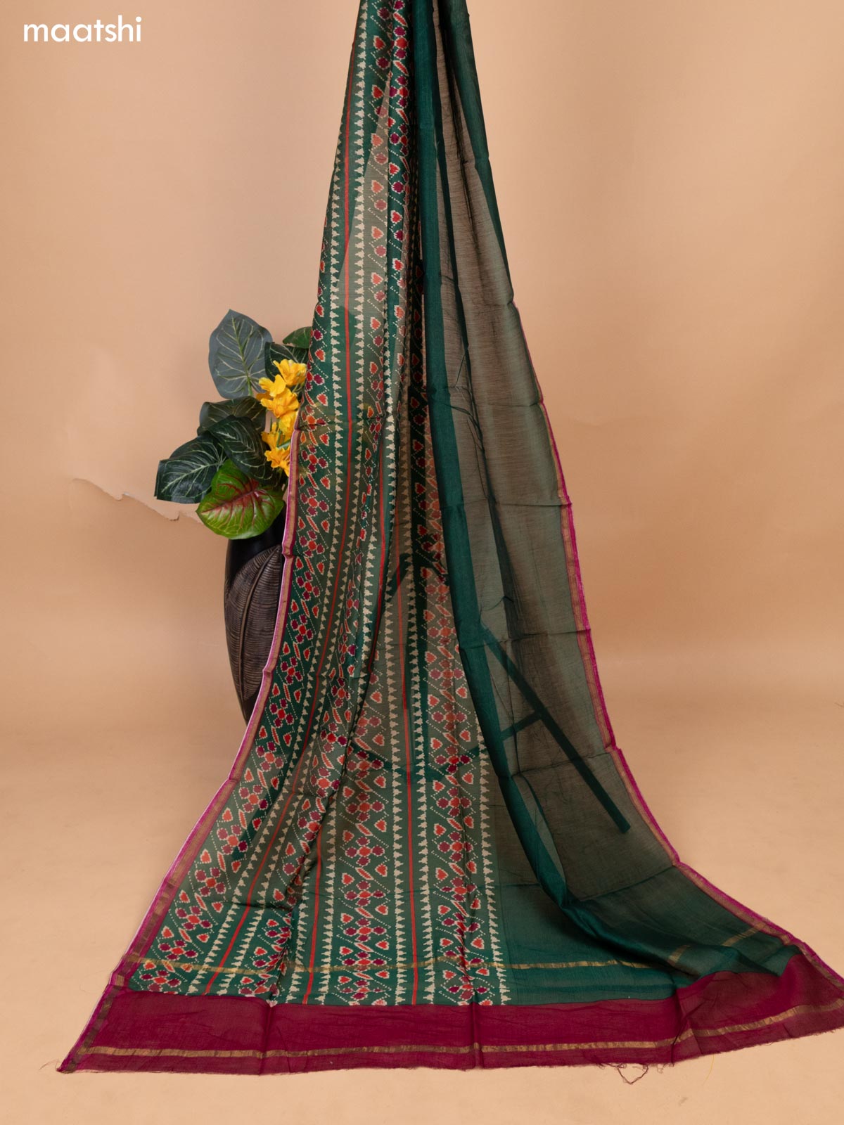 Dark Magenta and Green Chanderi Dress Material With Zig & Zag Weaves