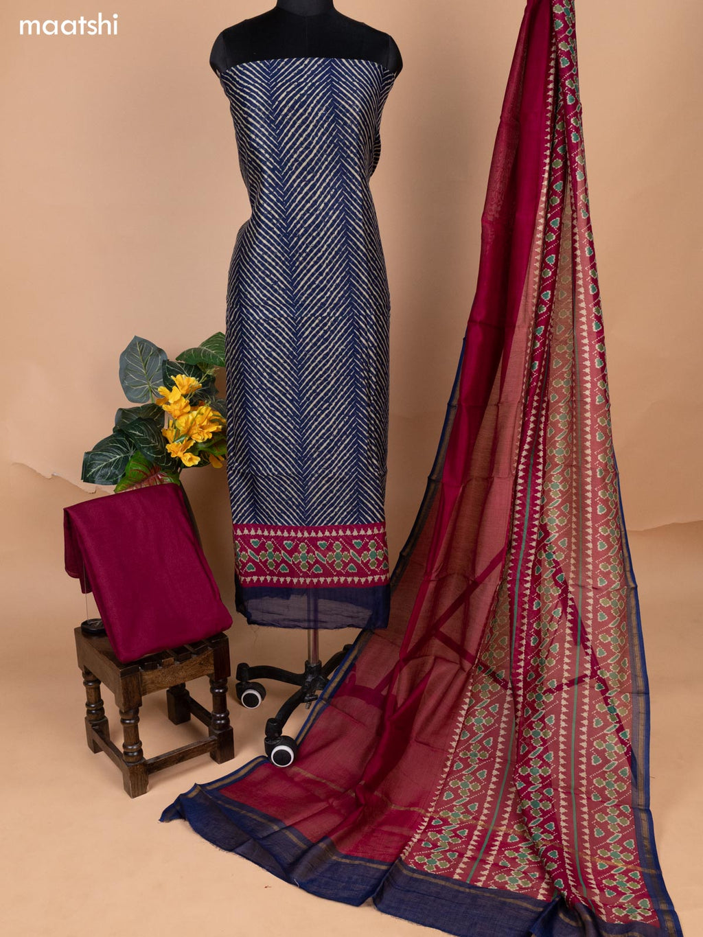 Navy Blue and Dark Magenta Chanderi Dress Material With Zig & Zag Weaves