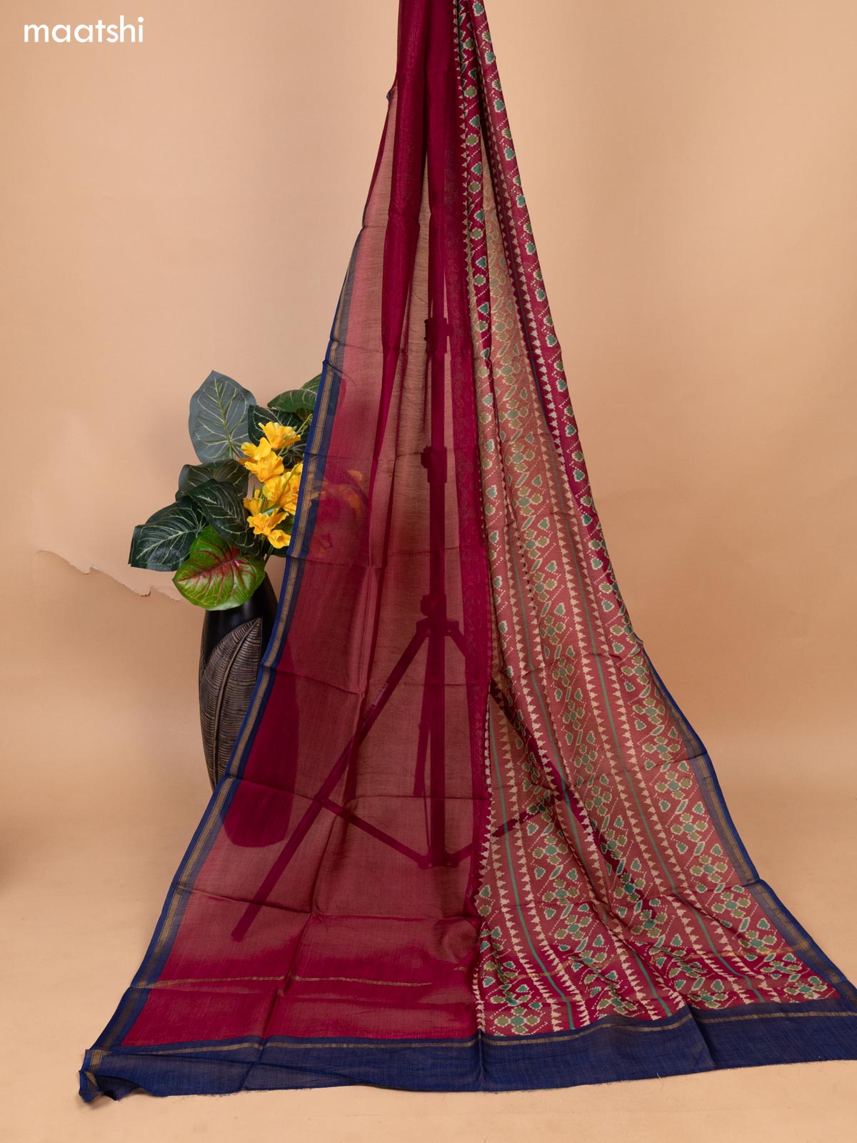 Navy Blue and Dark Magenta Chanderi Dress Material With Zig & Zag Weaves