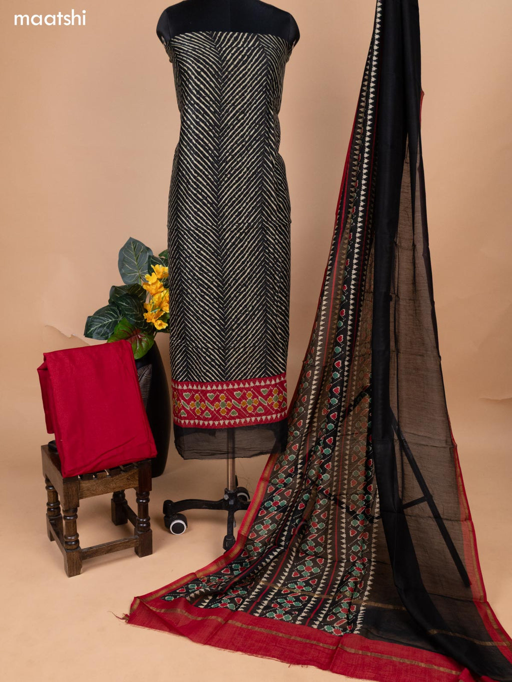 Black and Red Chanderi Dress Material With Zig & Zag Weaves