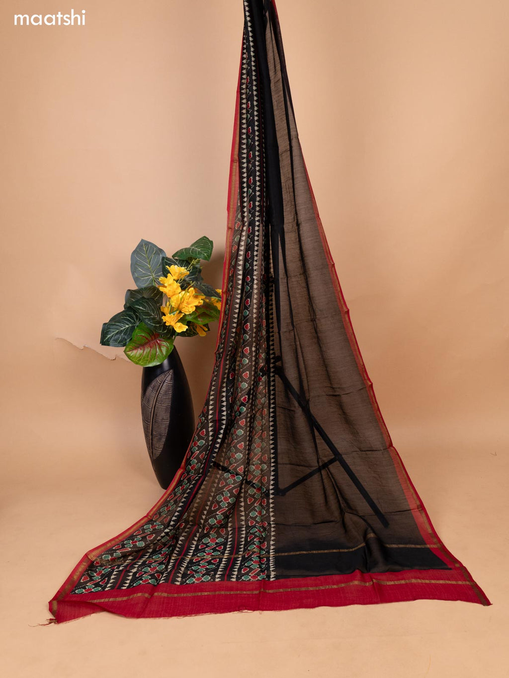 Black and Red Chanderi Dress Material With Zig & Zag Weaves