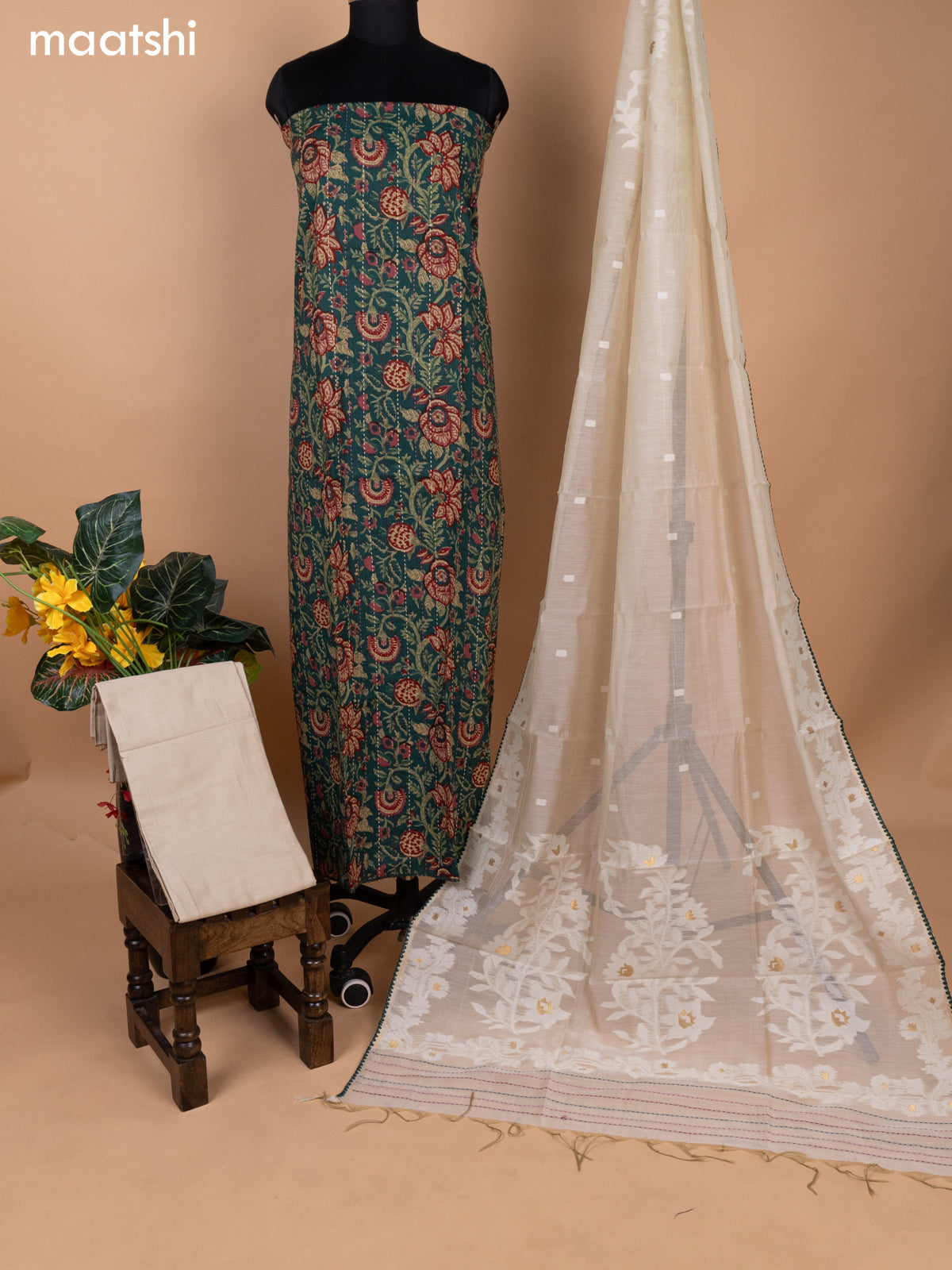 Green and Beige Cotton Dress Material With Allover Kalamkari Prints & Kantha Stitch Work