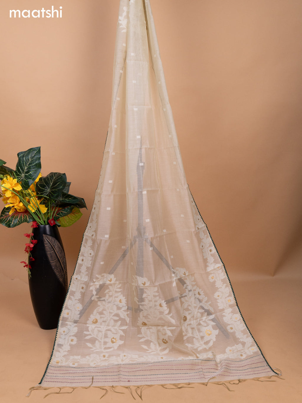 Green and Beige Cotton Dress Material With Allover Kalamkari Prints & Kantha Stitch Work