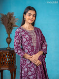 Semi cotton salwar suit wine shade with allover floral prints & embroidery sequin work neck pattern and straight cut pant & dupatta