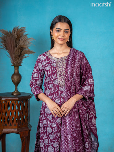 Semi cotton salwar suit wine shade with allover floral prints & embroidery sequin work neck pattern and straight cut pant & dupatta