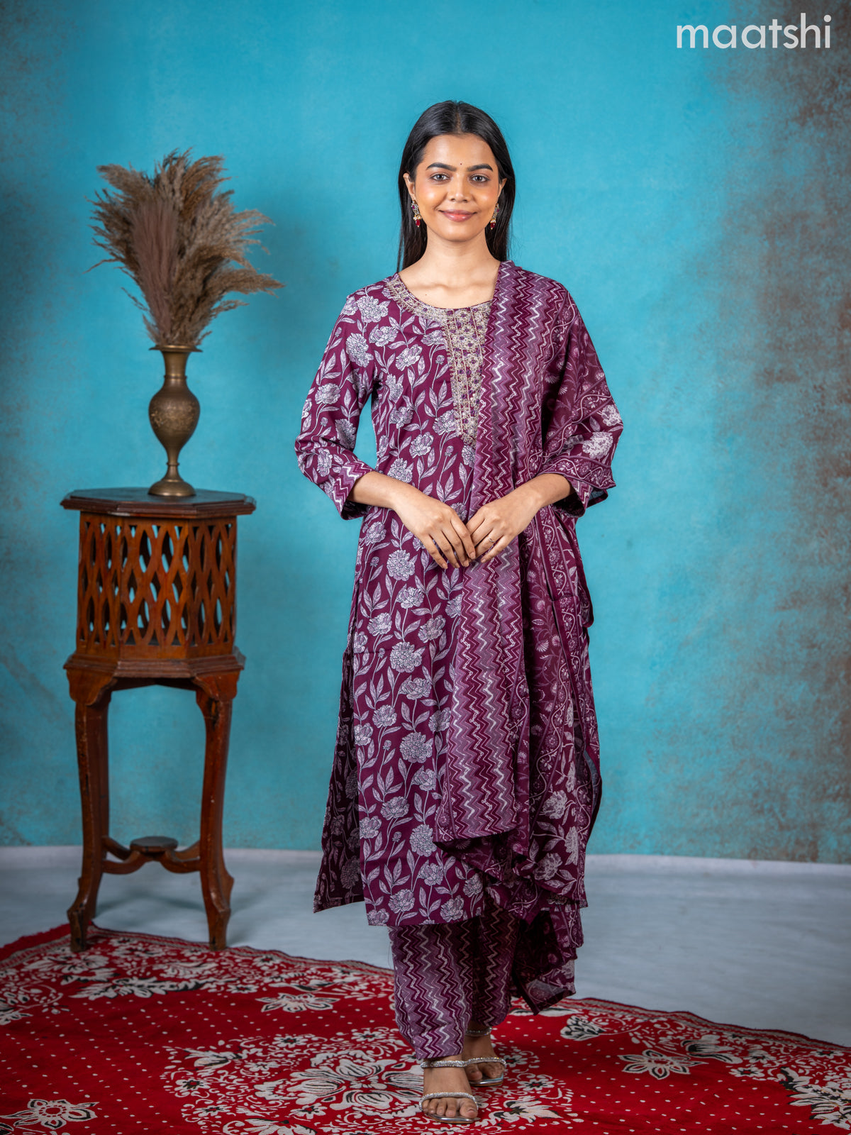 Semi cotton salwar suit wine shade with allover floral prints & embroidery sequin work neck pattern and straight cut pant & dupatta
