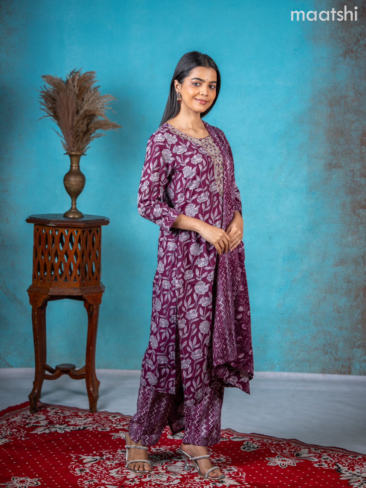 Semi cotton salwar suit wine shade with allover floral prints & embroidery sequin work neck pattern and straight cut pant & dupatta