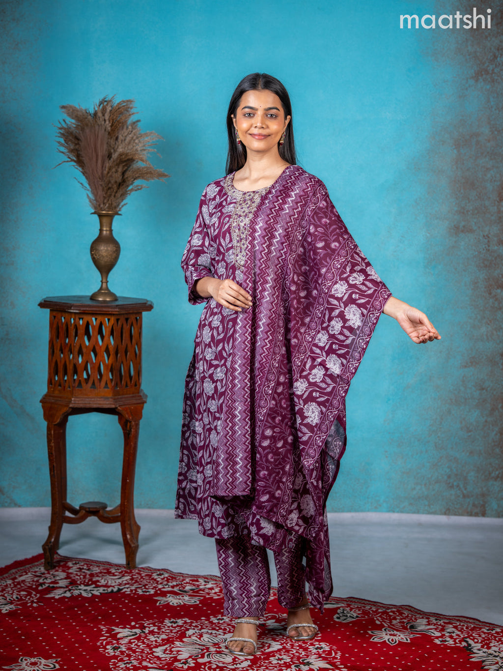 Semi cotton salwar suit wine shade with allover floral prints & embroidery sequin work neck pattern and straight cut pant & dupatta
