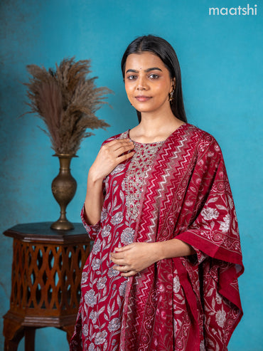 Semi cotton salwar suit maroon with allover floral prints & embroidery sequin work neck pattern and straight cut pant & dupatta