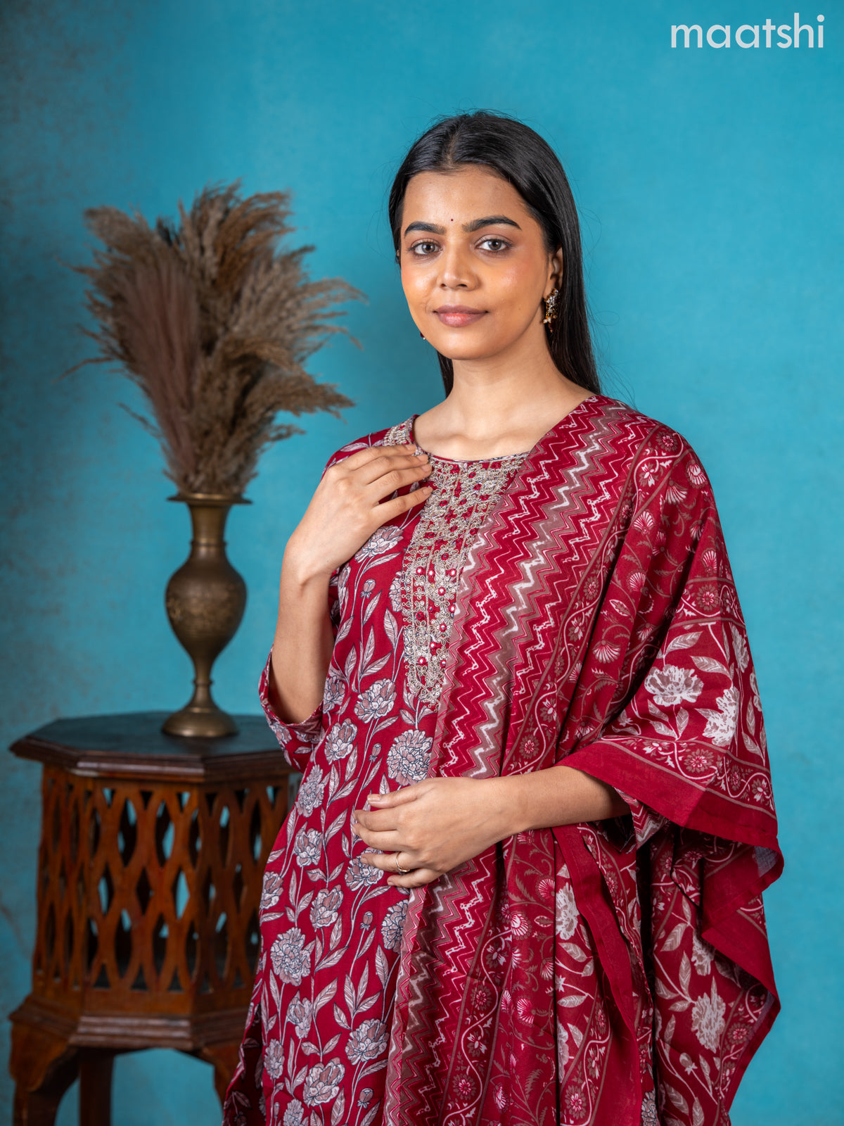 Semi cotton salwar suit maroon with allover floral prints & embroidery sequin work neck pattern and straight cut pant & dupatta