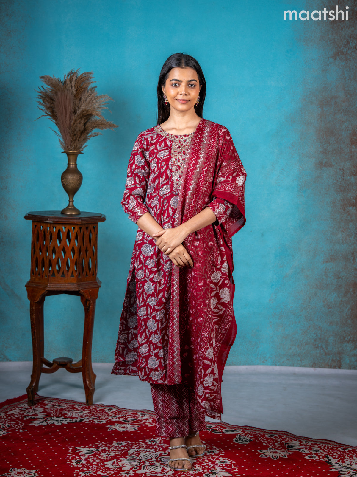 Semi cotton salwar suit maroon with allover floral prints & embroidery sequin work neck pattern and straight cut pant & dupatta