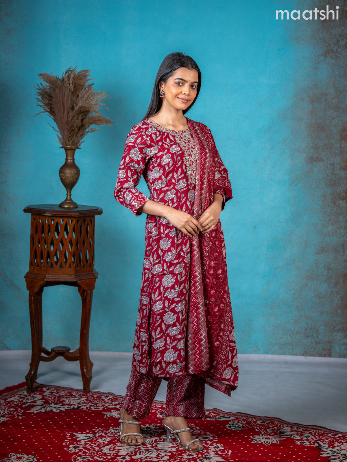 Semi cotton salwar suit maroon with allover floral prints & embroidery sequin work neck pattern and straight cut pant & dupatta