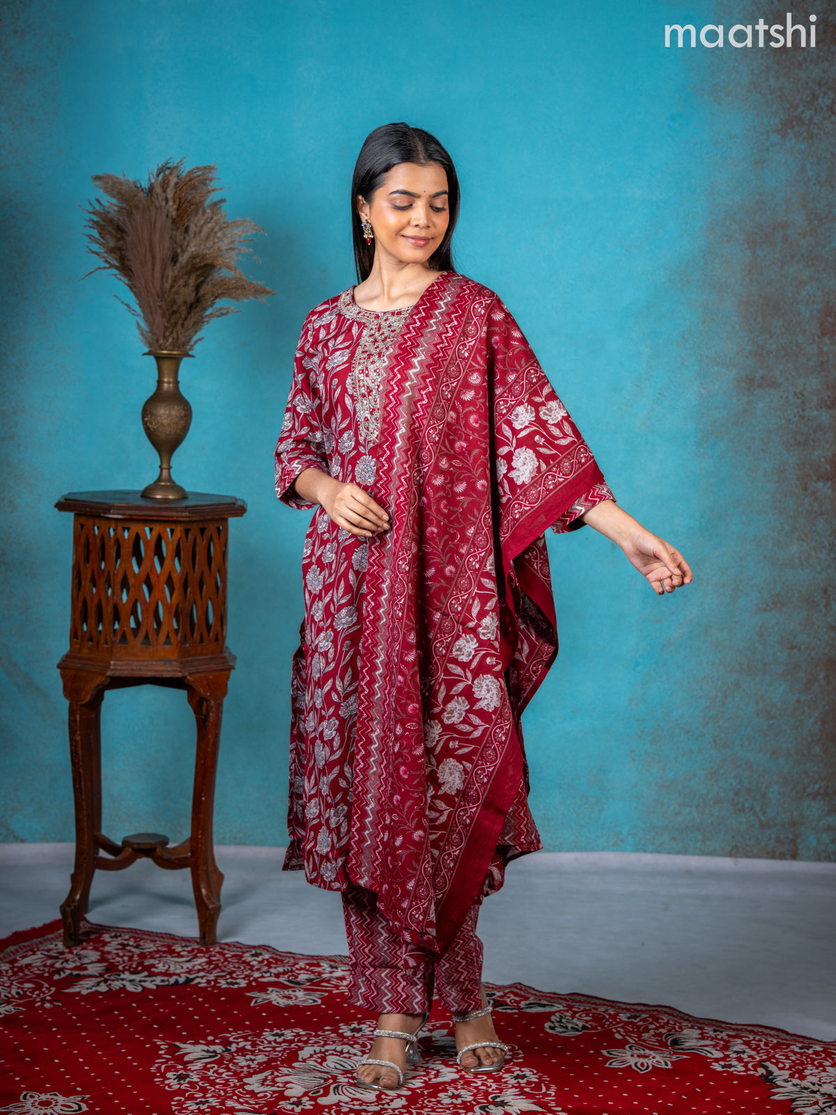 Semi cotton salwar suit maroon with allover floral prints & embroidery sequin work neck pattern and straight cut pant & dupatta
