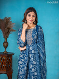 Semi cotton salwar suit peacock blue with allover floral prints & embroidery sequin work neck pattern and straight cut pant & dupatta