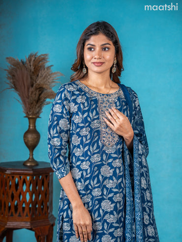 Semi cotton salwar suit peacock blue with allover floral prints & embroidery sequin work neck pattern and straight cut pant & dupatta