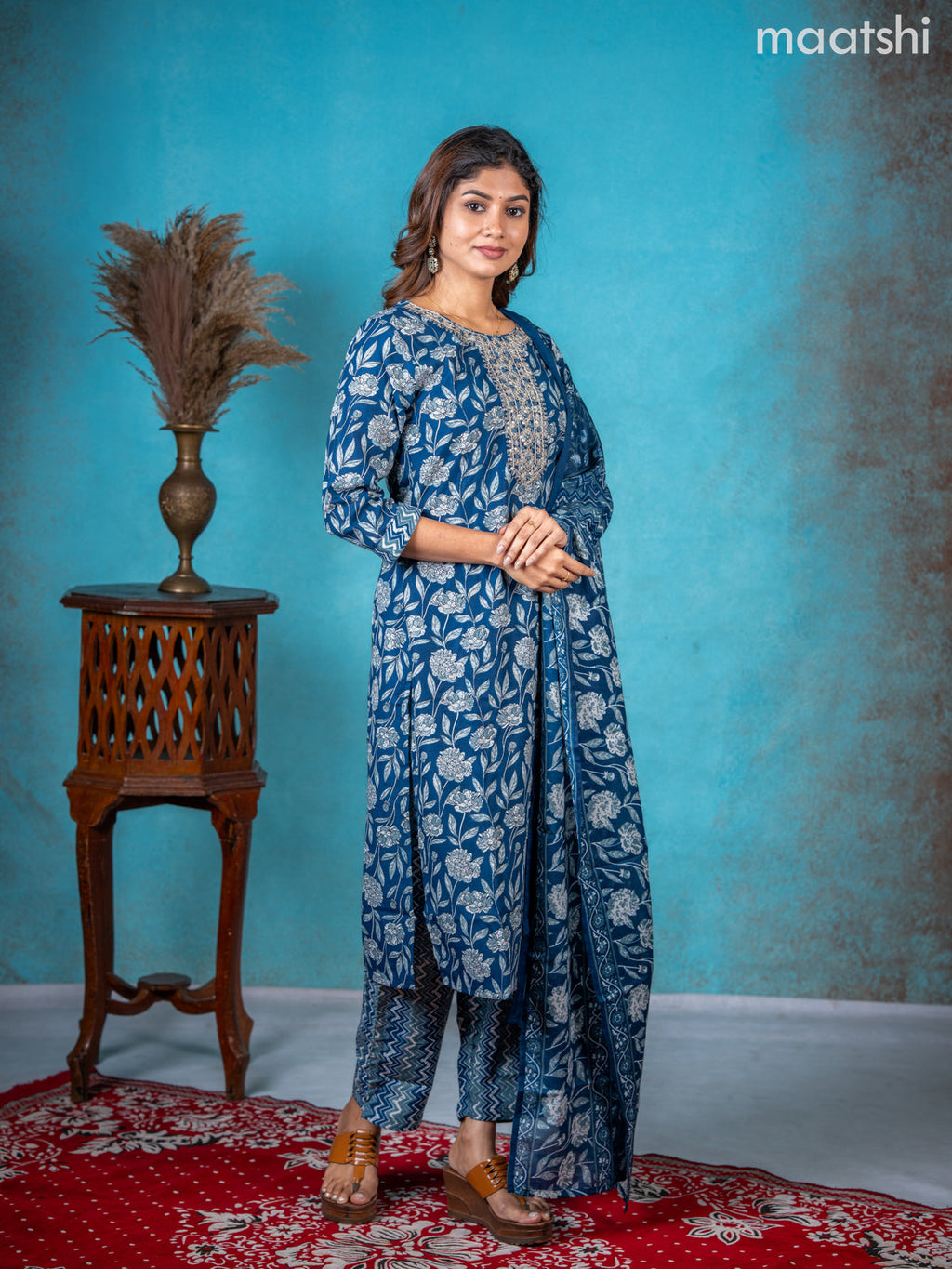 Semi cotton salwar suit peacock blue with allover floral prints & embroidery sequin work neck pattern and straight cut pant & dupatta