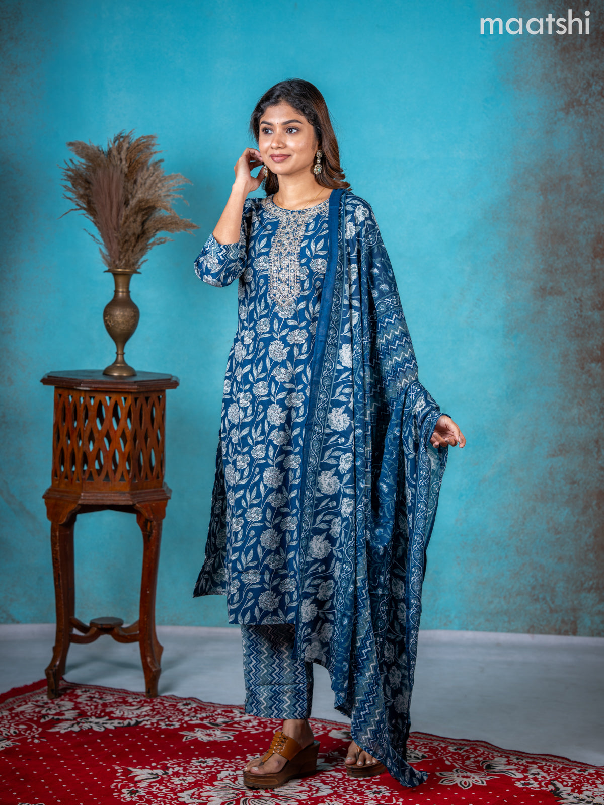 Semi cotton salwar suit peacock blue with allover floral prints & embroidery sequin work neck pattern and straight cut pant & dupatta