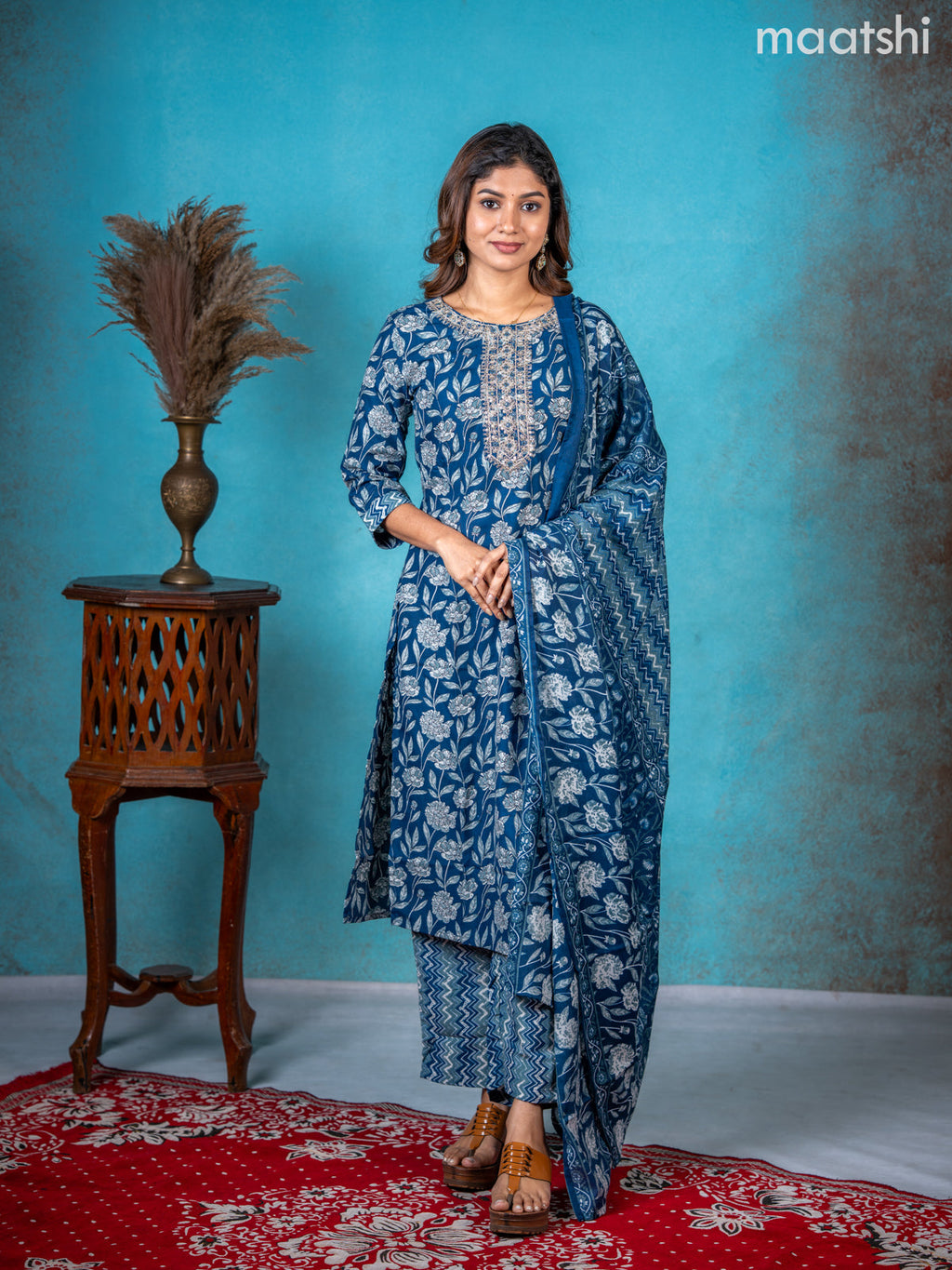 Semi cotton salwar suit peacock blue with allover floral prints & embroidery sequin work neck pattern and straight cut pant & dupatta