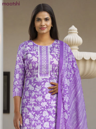 Cotton salwar suit lavender and off white with allover floral prints & mirror embroidery work neck pattern and straight cut pant & dupatta