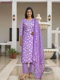 Cotton salwar suit lavender and off white with allover floral prints & mirror embroidery work neck pattern and straight cut pant & dupatta