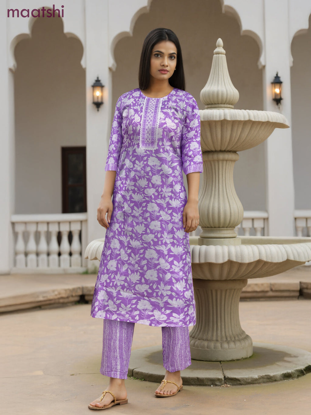 Cotton salwar suit lavender and off white with allover floral prints & mirror embroidery work neck pattern and straight cut pant & dupatta