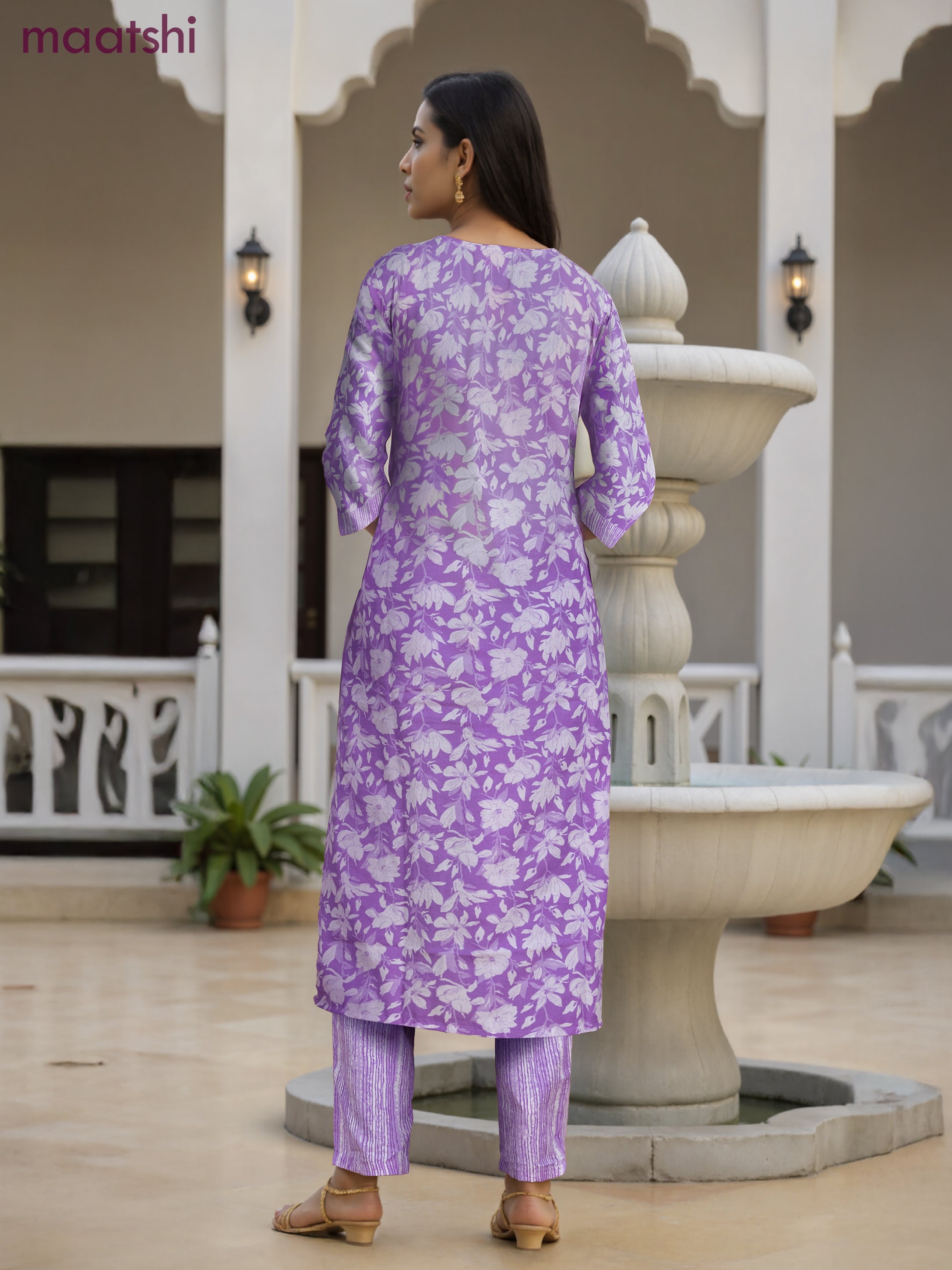 Cotton salwar suit lavender and off white with allover floral prints & mirror embroidery work neck pattern and straight cut pant & dupatta
