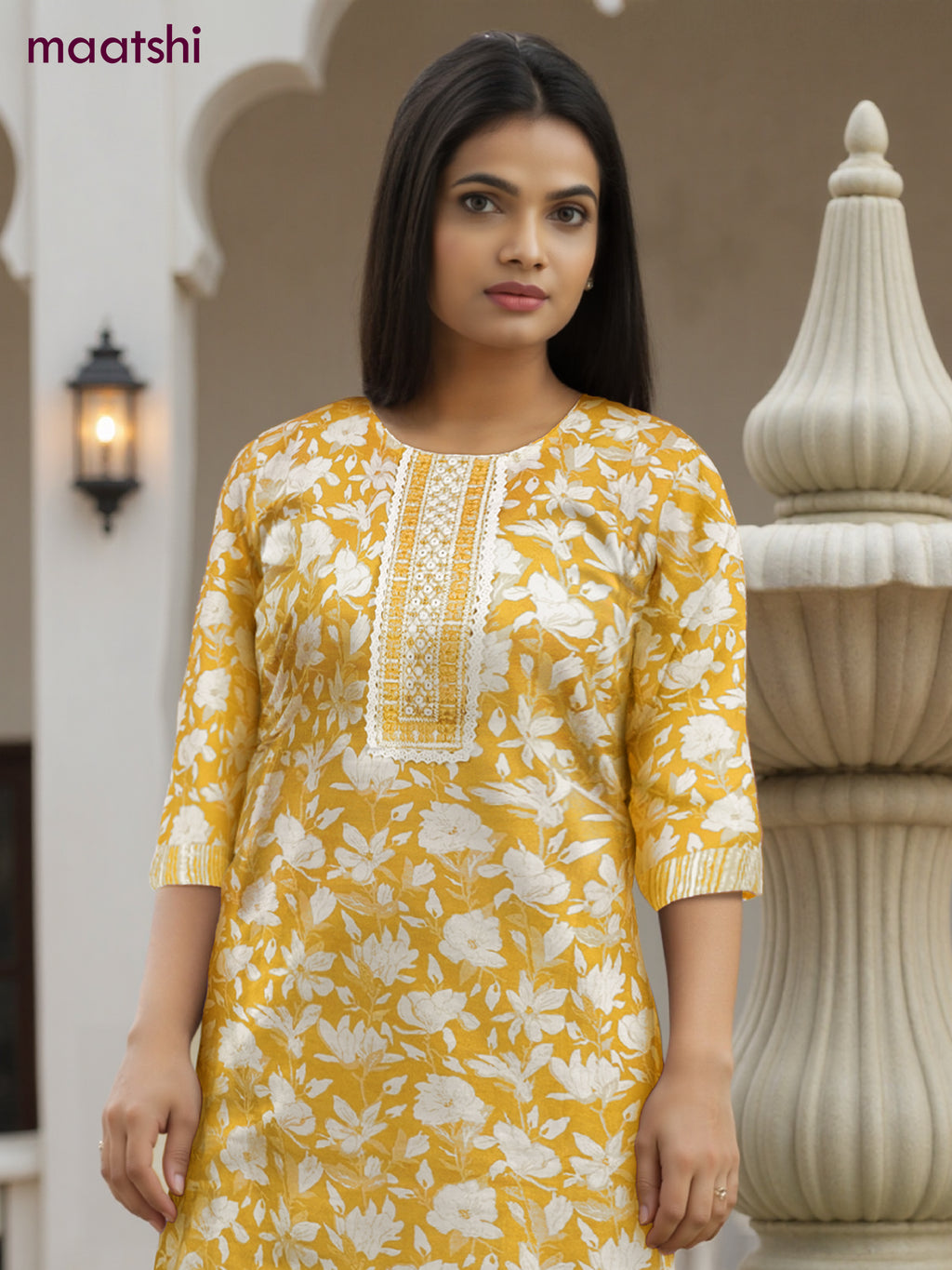 Cotton salwar suit yellow and off white with allover floral prints & mirror embroidery work neck pattern and straight cut pant & dupatta