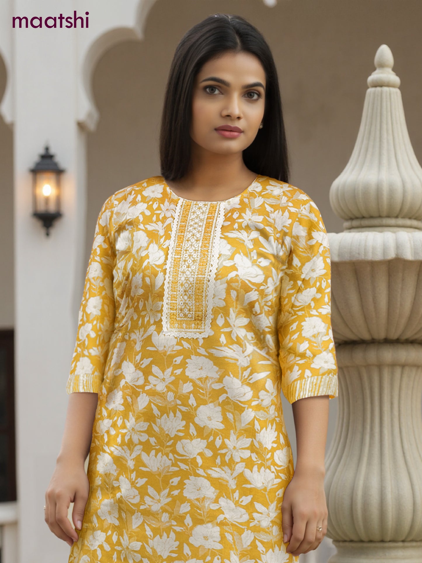 Cotton salwar suit yellow and off white with allover floral prints & mirror embroidery work neck pattern and straight cut pant & dupatta