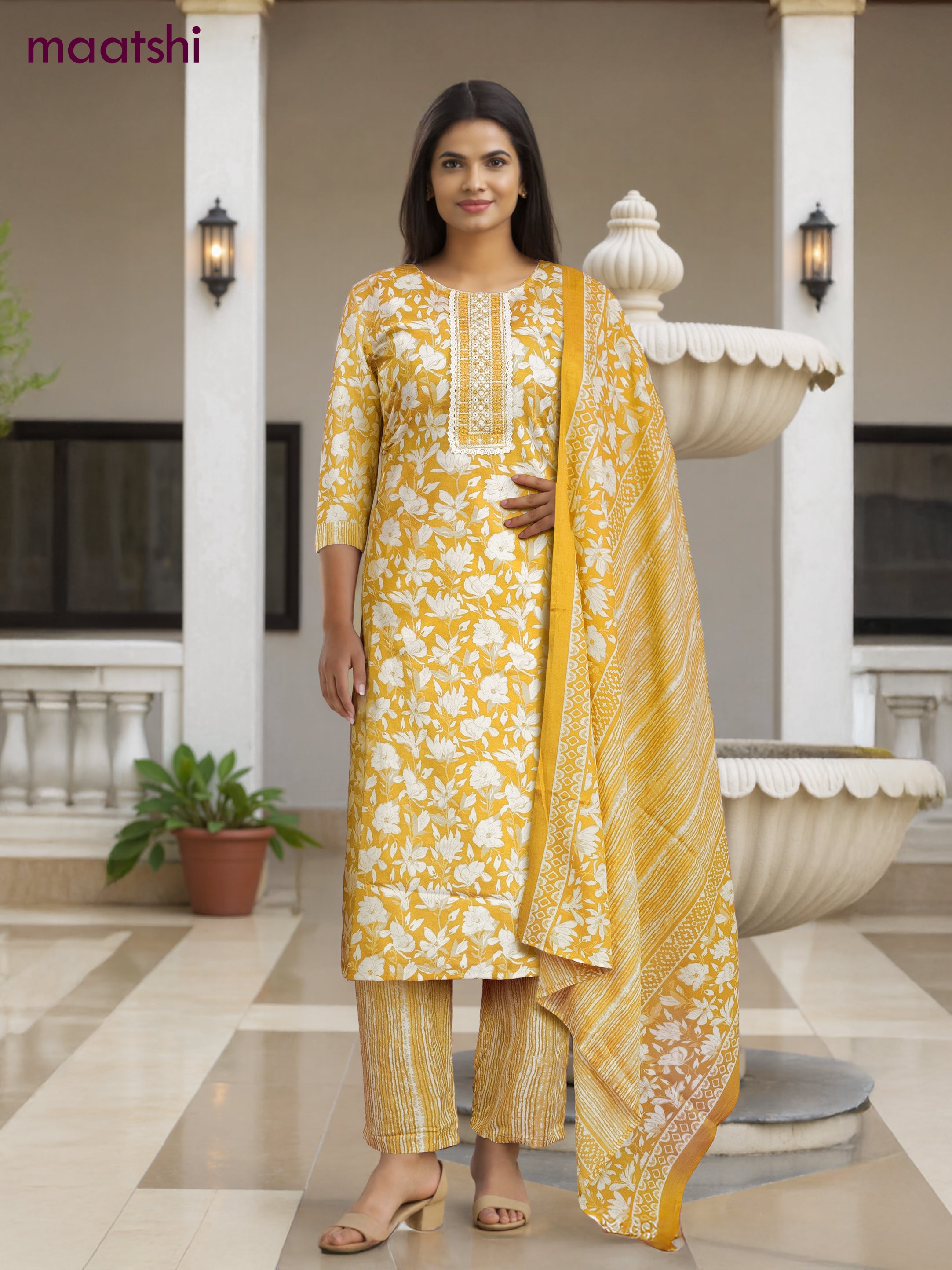 Cotton salwar suit yellow and off white with allover floral prints & mirror embroidery work neck pattern and straight cut pant & dupatta