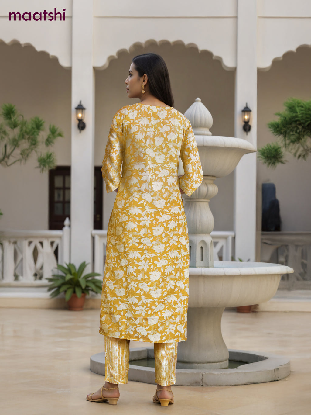 Cotton salwar suit yellow and off white with allover floral prints & mirror embroidery work neck pattern and straight cut pant & dupatta