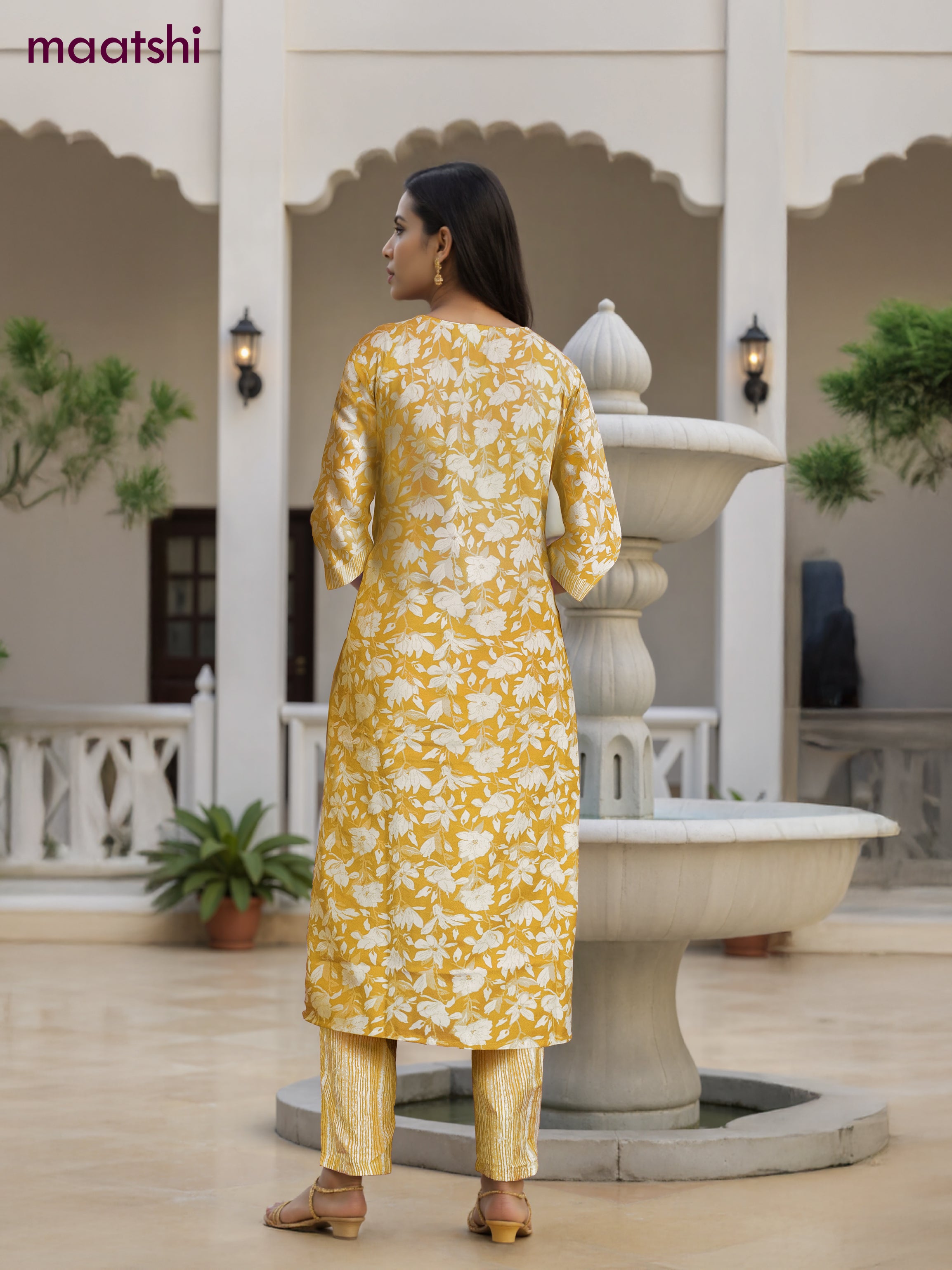 Cotton salwar suit yellow and off white with allover floral prints & mirror embroidery work neck pattern and straight cut pant & dupatta