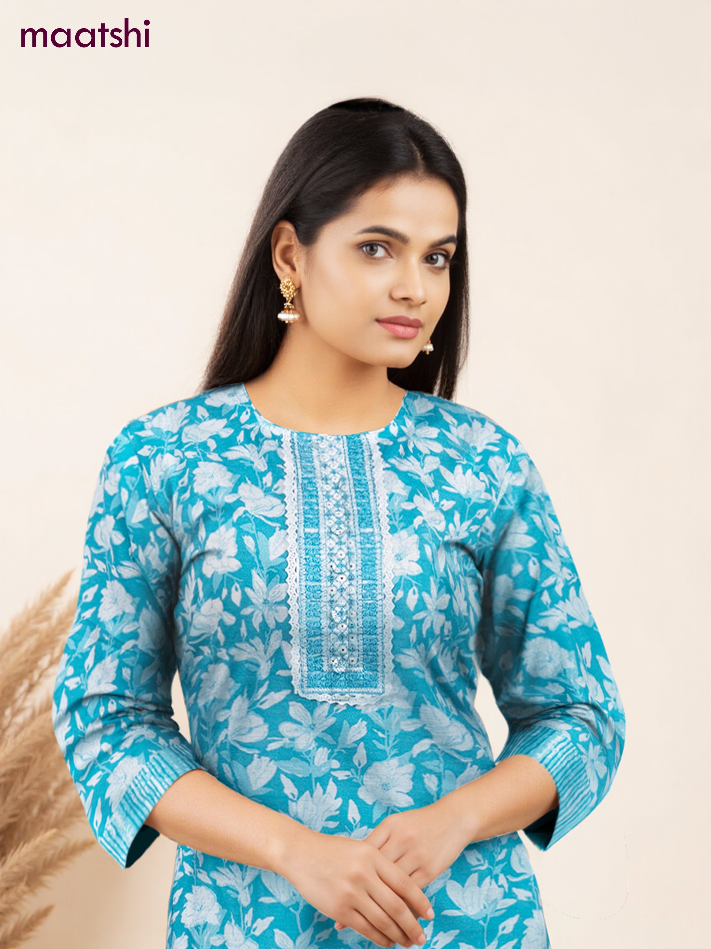 Cotton salwar suit teal blue and off white with allover floral prints & mirror embroidery work neck pattern and straight cut pant & dupatta
