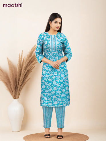 Cotton salwar suit teal blue and off white with allover floral prints & mirror embroidery work neck pattern and straight cut pant & dupatta