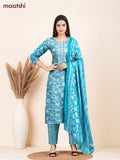 Cotton salwar suit teal blue and off white with allover floral prints & mirror embroidery work neck pattern and straight cut pant & dupatta
