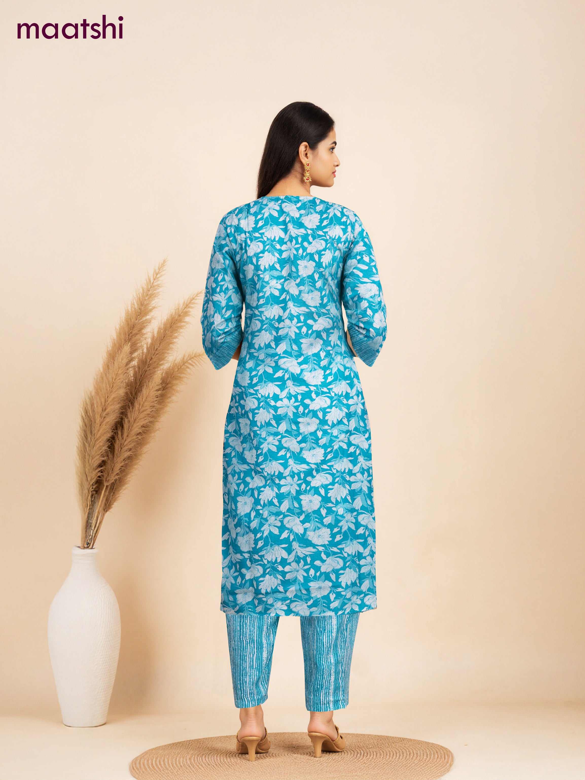 Cotton salwar suit teal blue and off white with allover floral prints & mirror embroidery work neck pattern and straight cut pant & dupatta