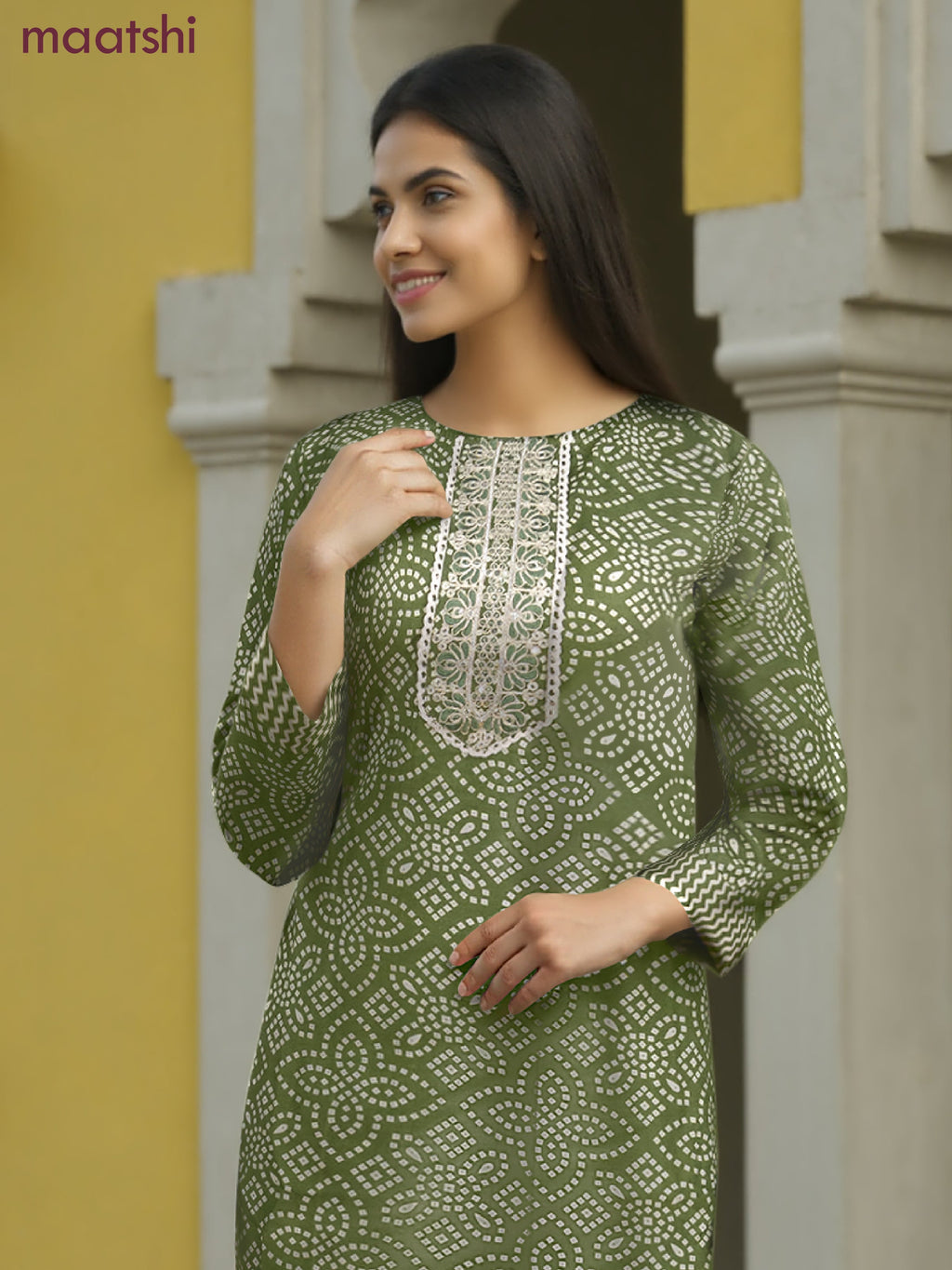 Cotton salwar suit green and cream with allover bandhini prints & embroidery sequin work neck pattern and straight cut pant & dupatta