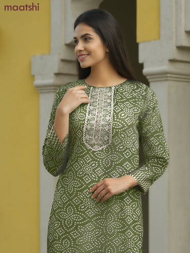 Cotton salwar suit green and cream with allover bandhini prints & embroidery sequin work neck pattern and straight cut pant & dupatta