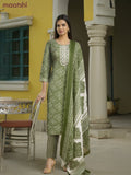 Cotton salwar suit green and cream with allover bandhini prints & embroidery sequin work neck pattern and straight cut pant & dupatta