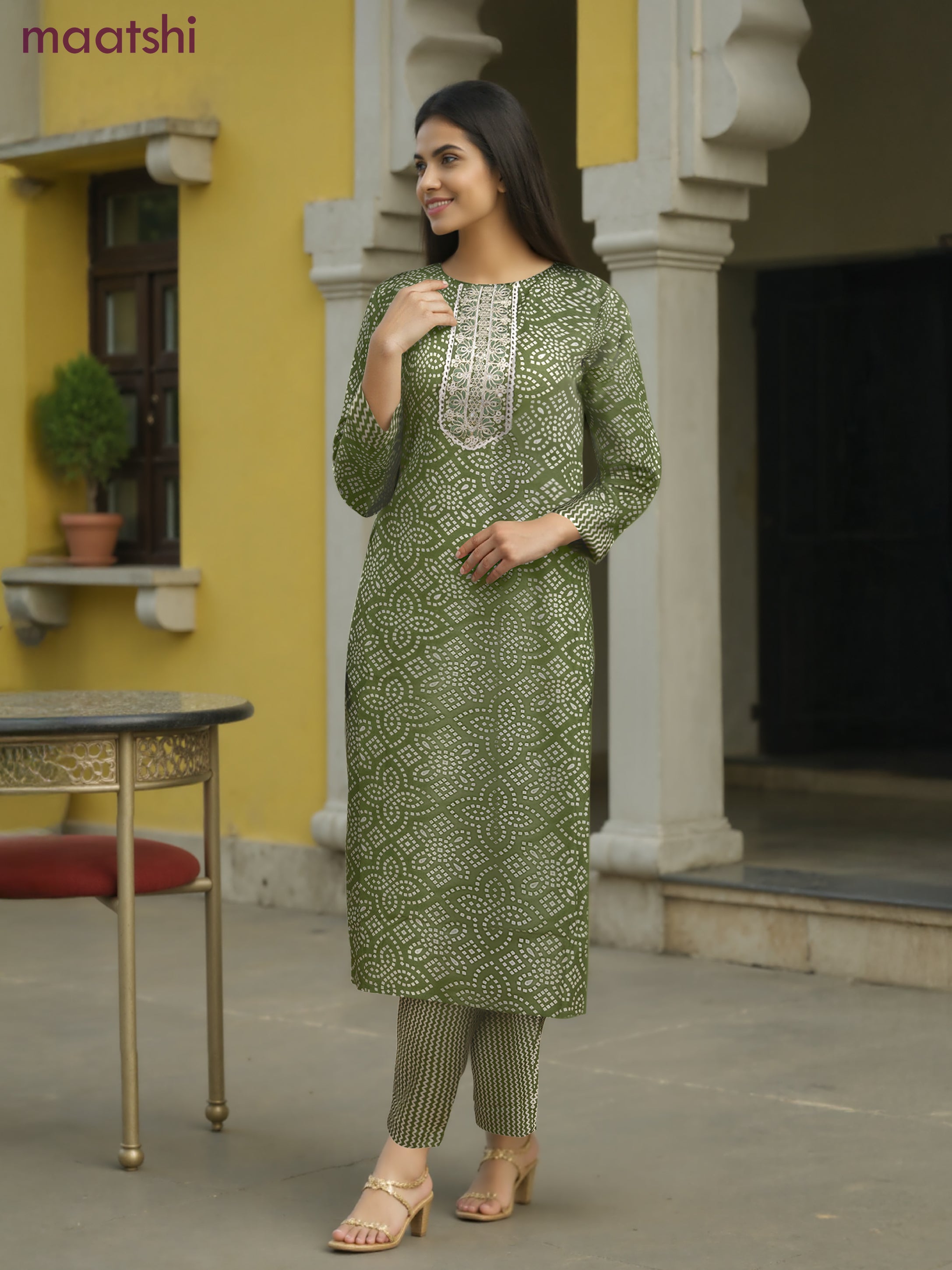 Cotton salwar suit green and cream with allover bandhini prints & embroidery sequin work neck pattern and straight cut pant & dupatta