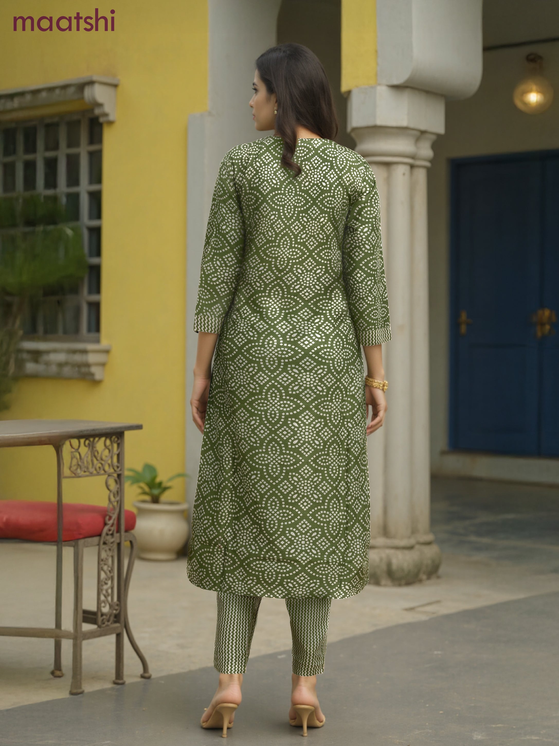 Cotton salwar suit green and cream with allover bandhini prints & embroidery sequin work neck pattern and straight cut pant & dupatta