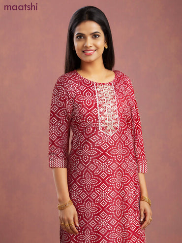 Cotton salwar suit red and cream with allover bandhini prints & embroidery sequin work neck pattern and straight cut pant & dupatta