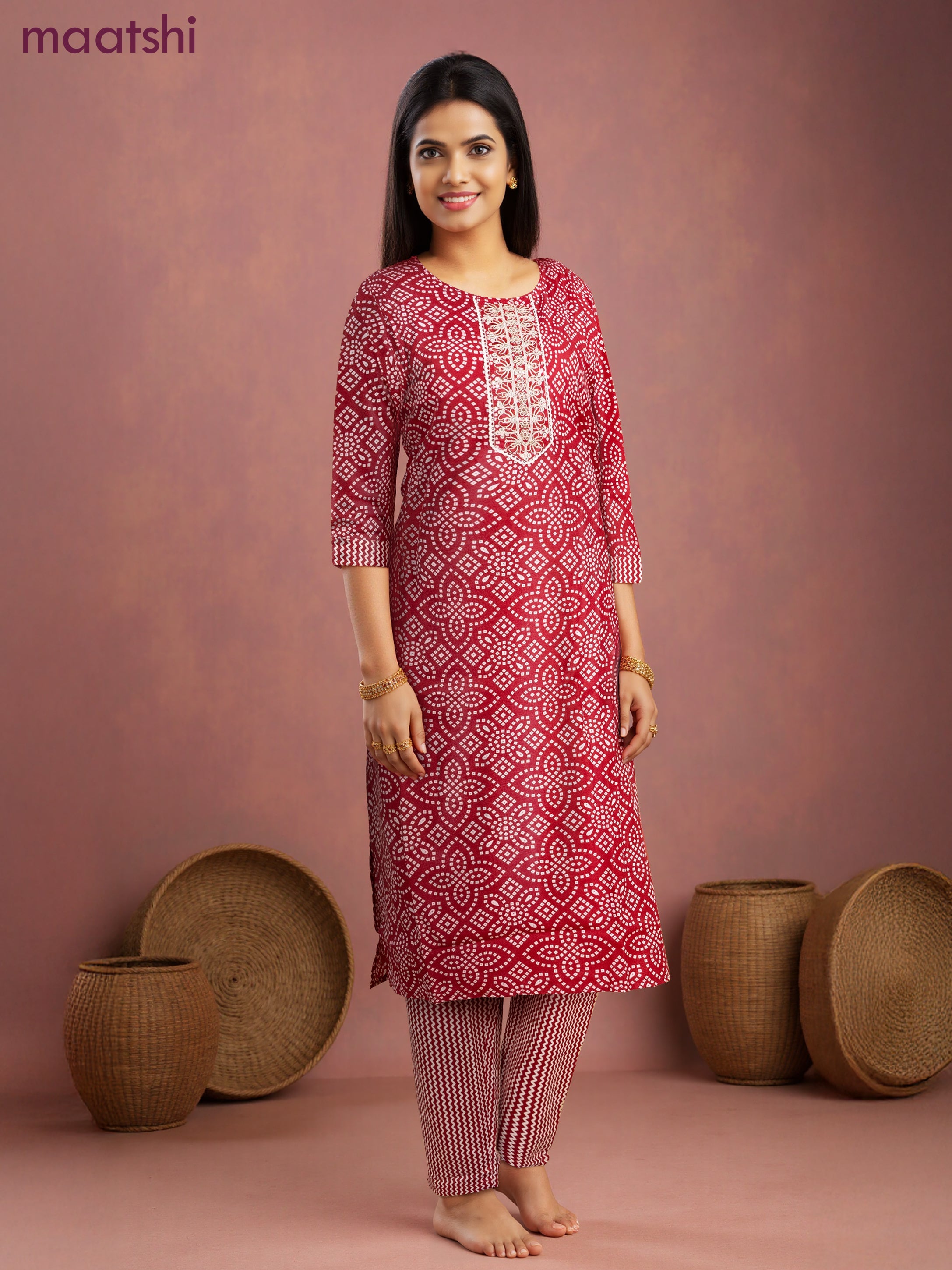 Cotton salwar suit red and cream with allover bandhini prints & embroidery sequin work neck pattern and straight cut pant & dupatta