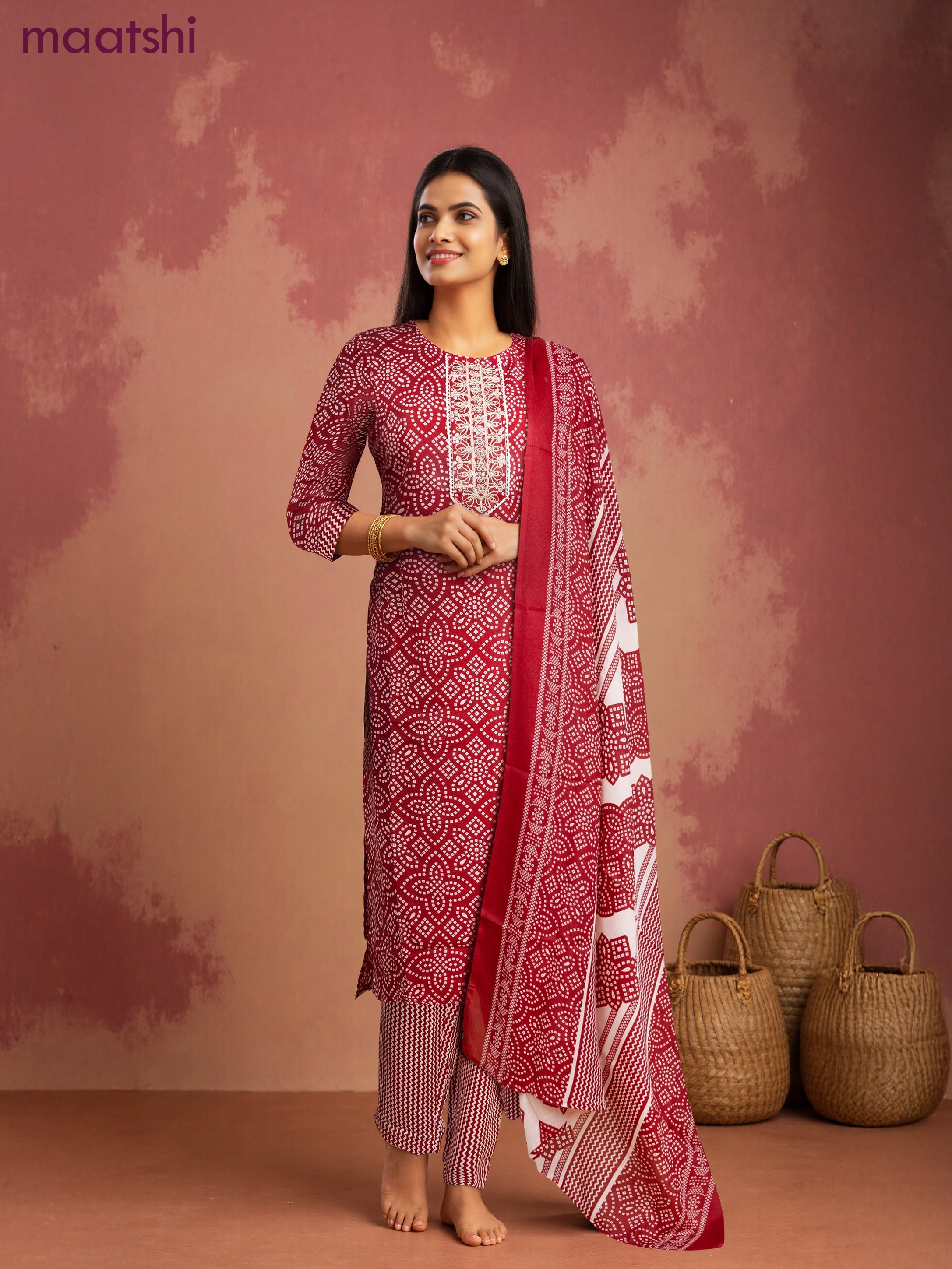 Cotton salwar suit red and cream with allover bandhini prints & embroidery sequin work neck pattern and straight cut pant & dupatta
