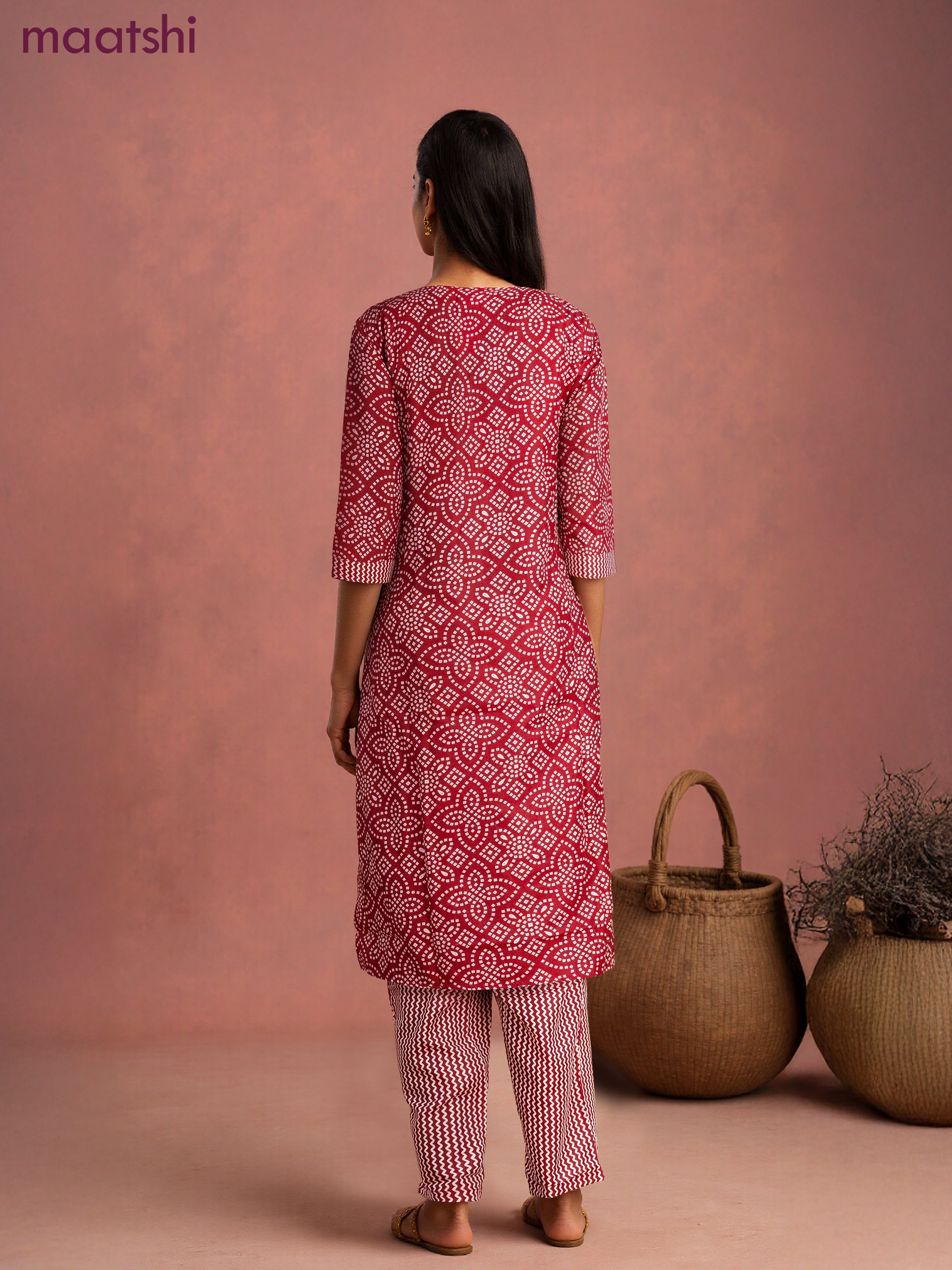 Cotton salwar suit red and cream with allover bandhini prints & embroidery sequin work neck pattern and straight cut pant & dupatta