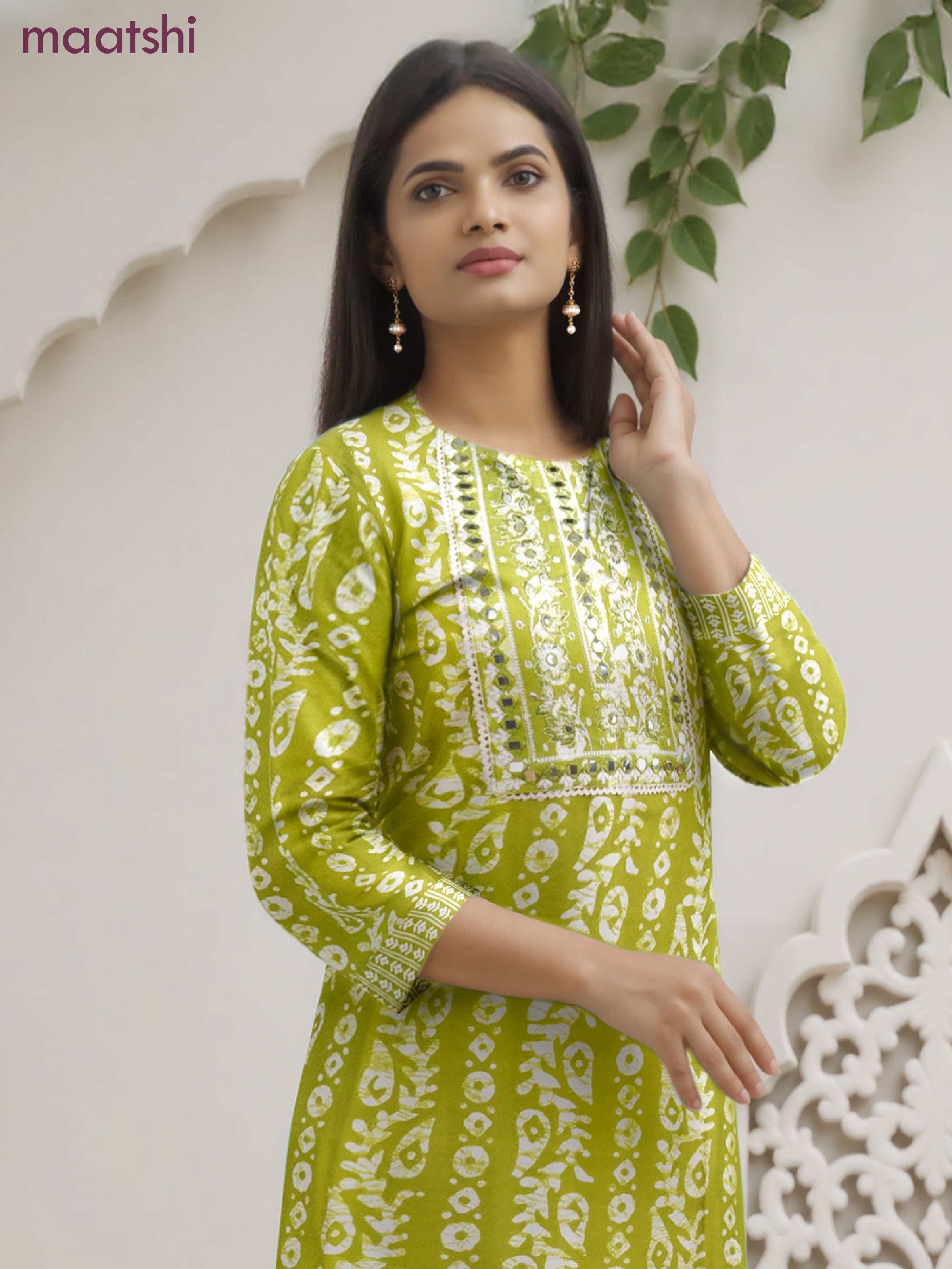 Cotton salwar suit light green and off white with allover batik prints & embroidery lace work neck pattern and straight cut pant & dupatta
