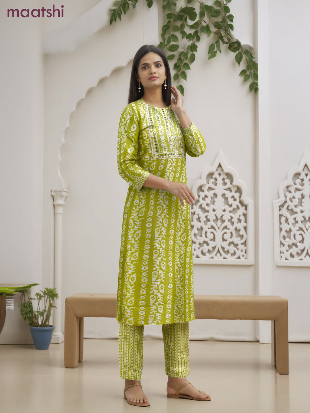 Cotton salwar suit light green and off white with allover batik prints & embroidery lace work neck pattern and straight cut pant & dupatta